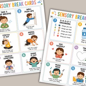 Sensory break cards printable set for kids with calming activities, movement breaks, grounding exercises, and mindfulness prompts for emotional regulation support