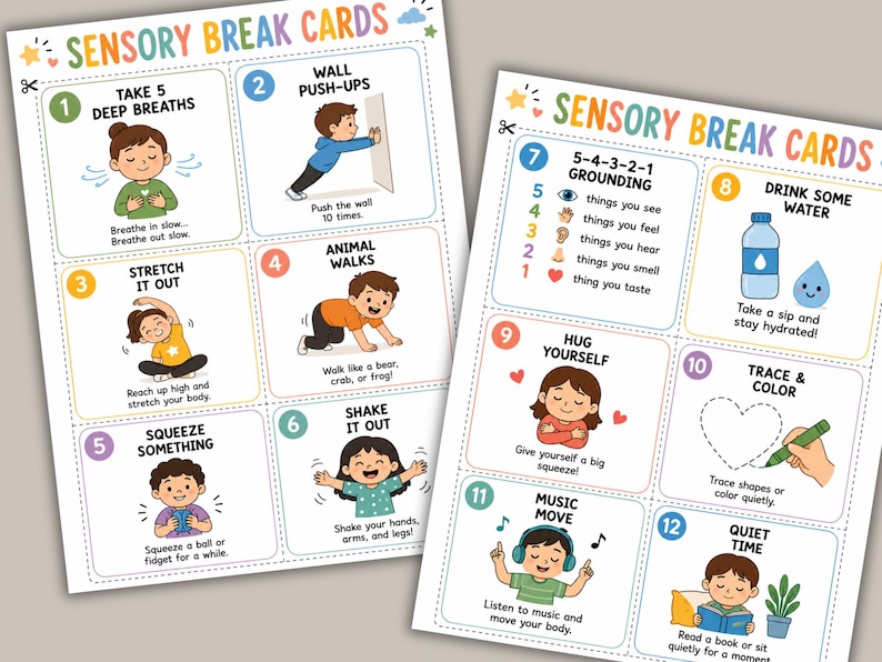 Sensory break cards printable set for kids with calming activities, movement breaks, grounding exercises, and mindfulness prompts for emotional regulation support