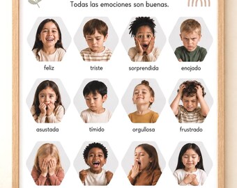 Real Kids Emotions Feelings Chart - SPANISH Edition Printable for Emotional Regulation Social Emotional Learning SEL ADHD Autism Montessori