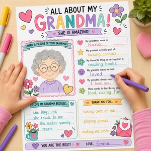 Peut inclure: Une affiche color&eacute;e intitul&eacute;e &laquo;&nbsp;Tout sur ma grand-m&egrave;re&nbsp;!&nbsp;&raquo; avec un dessin de grand-m&egrave;re, des c&oelig;urs et des fleurs. L'affiche comprend des invites pour d&eacute;crire le nom, les comp&eacute;tences, les activit&eacute;s pr&eacute;f&eacute;r&eacute;es et les sentiments de la grand-m&egrave;re.
