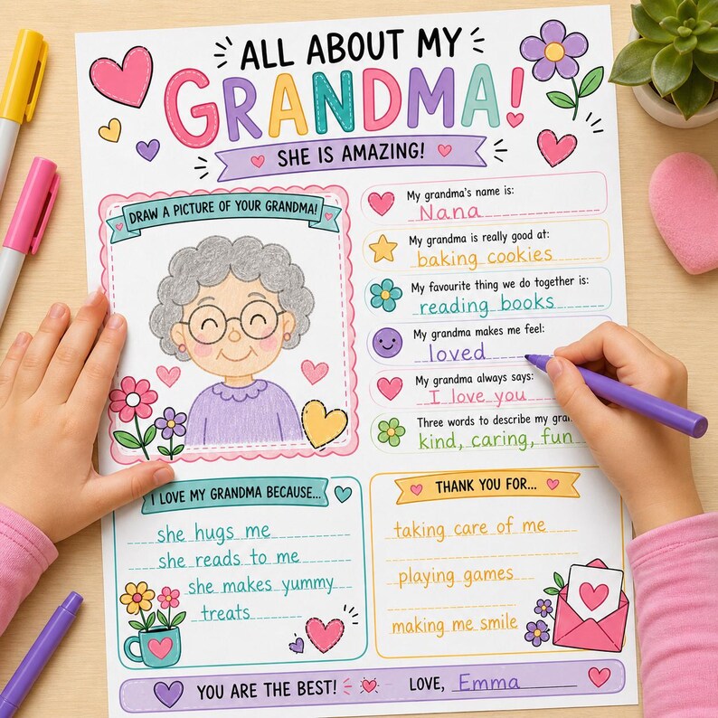 Peut inclure: Une affiche color&eacute;e intitul&eacute;e &laquo;&nbsp;Tout sur ma grand-m&egrave;re&nbsp;!&nbsp;&raquo; avec un dessin de grand-m&egrave;re, des c&oelig;urs et des fleurs. L'affiche comprend des invites pour d&eacute;crire le nom, les comp&eacute;tences, les activit&eacute;s pr&eacute;f&eacute;r&eacute;es et les sentiments de la grand-m&egrave;re.