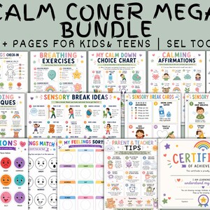 May include: A Calm Corner Mega Bundle featuring over 30 pages of SEL tools for kids and teens. The collection includes colourful printable sheets with titles like My Feelings Check-In, Breathing Exercises, Choice Charts, and a Certificate of Achievement.
