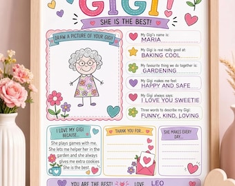 Tout sur ma Gigi à imprimer, cadeau grand-mère des enfants, feuille de travail pour grand-mère pour la fête des mères, activité de page à colorier, travaux manuels de grand-mère d'âge préscolaire