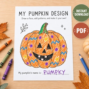 Puede incluir: Una hoja de actividades blanca titulada MY PUMPKIN DESIGN con el texto Draw a face, add patterns, and make it your own! que muestra una calabaza naranja coloreada a mano con cara negra, puntos morados y líneas azules en zigzag.