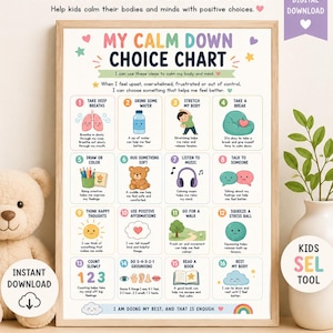 May include: A framed "My Calm Down Choice Chart" with colourful illustrations and text, offering positive choices for children. Includes options like deep breaths, water, stretching, and taking a break. Features the text "Instant Digital Download."