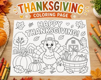 Thanksgiving Coloring Page for Kids, Printable Turkey Coloring Sheet, Fall Activity for Children, Thanksgiving Printable PDF PNG