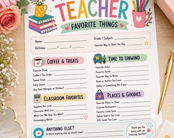 Teacher Favorite Things Questionnaire Printable, All About My Teacher Favorites, Teacher Appreciation Gift, Teacher Survey Instant Downloa