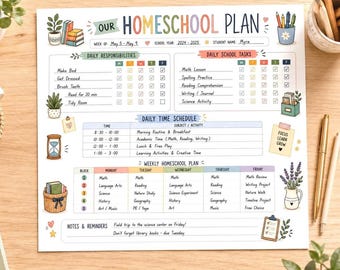 Homeschool Checklist Planner Printable, Weekly Homeschool Schedule, Daily Checklist for Kids, Homeschool Routine Chart, Student Planner PDF