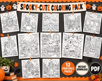 Halloween kleurplaten voor kinderen, 12 printbare Halloween activiteiten, leuke kleurplaten voor kleuters, activiteit voor een klassenfeestje, PDF