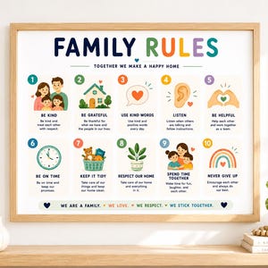Puede incluir: Una lámina decorativa rectangular titulada FAMILY RULES en un marco de madera clara. El póster presenta diez secciones numeradas con ilustraciones coloridas y texto, incluyendo BE KIND, BE GRATEFUL, USE KIND WORDS, LISTEN, BE HELPFUL, BE ON TIME, KEEP IT TIDY, RESPECT OUR HOME, SPEND TIME TOGETHER y NEVER GIVE UP.