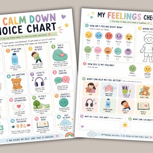 Calm down choice chart and feelings check-in printable worksheets for kids featuring coping strategies, emotional regulation prompts, and SEL activities