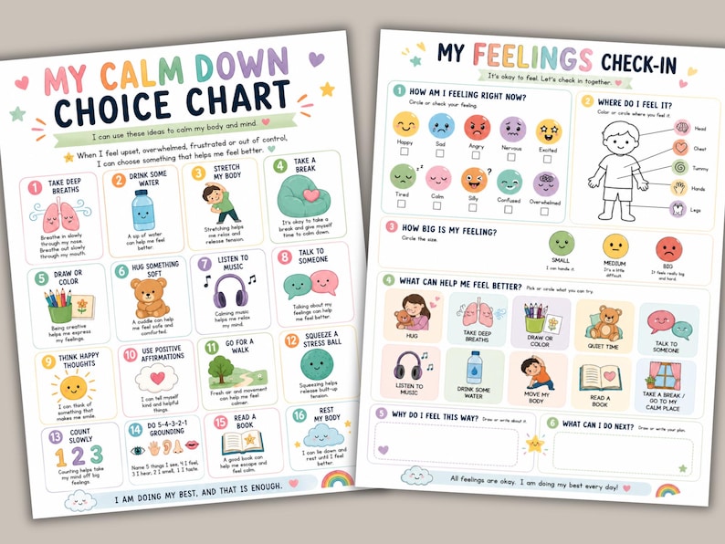 Calm down choice chart and feelings check-in printable worksheets for kids featuring coping strategies, emotional regulation prompts, and SEL activities