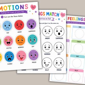 Emotions activity printable set for kids featuring colorful feelings faces, matching activities, and SEL worksheets for emotional learning and self-awareness