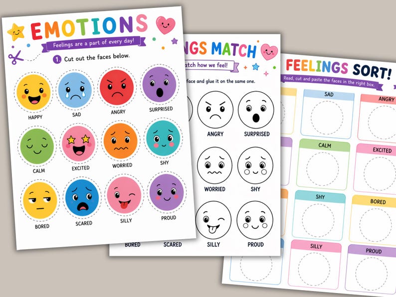 Emotions activity printable set for kids featuring colorful feelings faces, matching activities, and SEL worksheets for emotional learning and self-awareness