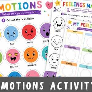 Actividad sobre las emociones para niños / Juego de emparejar sentimientos + recortar y pegar / Material imprimible de aprendizaje socioemocional para preescolares / Libro de actividades para aprender las emociones / Edades de 2 a 5 años