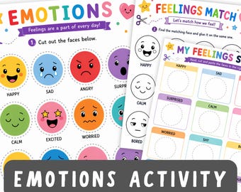 Emotions Activity for Kids | Feelings Matching Game + Cut and Paste | Preschool SEL Printable | Learn Emotions Busy Book | Ages 2-5