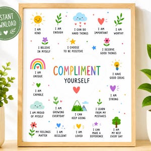 Compliment Yourself Poster Printable for Kids Positive Affirmation Wall Art SEL Classroom Decor Therapy Office Poster Confidence Building