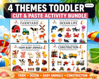 Toddler Summer Activity, Cut and Paste Printable, Preschool Busy Book Pages, Ocean Farm Construction Baby Animals Craft Ages 2-5