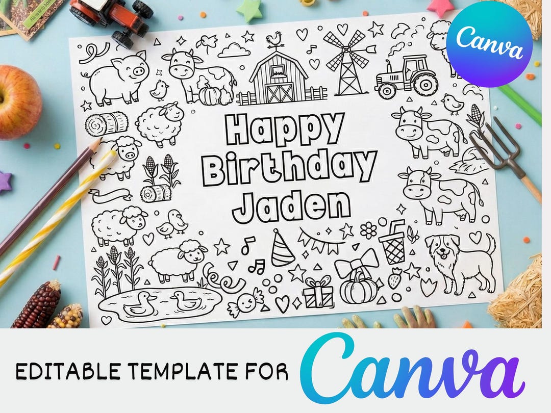 Editable Farm Birthday Coloring Placemat Template, Kids Party Activity ...