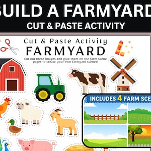 May include: A colorful cut-and-paste activity set titled "Build a Farmyard." The image features a red barn, green tractor, cow, windmill, and various farm animals. Includes four farm scene backgrounds for creative play.