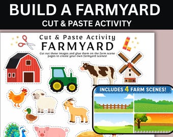 Farm Cut and Paste Activity for Kids, Build a Farmyard Craft Printable, Preschool Scissor Skills, Cut and Glue Worksheet Ages 2-5