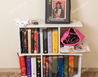 Freestanding 2 Tier S Shaped Wooden Geometric Bookshelf, Room Divider Shelf, Floor Bookshelf, Open Bookshelf, Display Shelf Unit