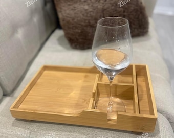 Acacia Wood Couch Tray Insert with Cup Holder, Couch Snack Tray, Couch Caddy, Flexible Sofa Tray, Couch Drink Holder, Couch Console
