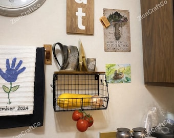 Metal & Wood Fruit Vegetable Storage Bin with 2 Banana Hangers, Produce Holder, Hanging Fruit Basket, Fruit Display Basket, Vegetable Basket