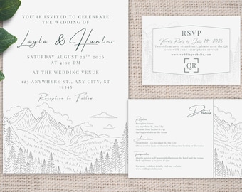 Line Drawn Mountain Wedding Invitation Template Suite - Edit in Canva - Printable 3 Piece Set