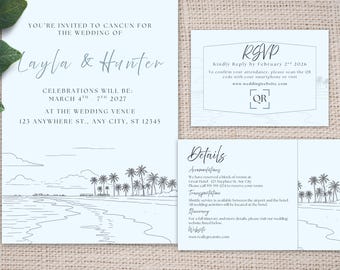 Destination Beach Wedding Invitation Template Bundle - Edit in Canva - Instant Download - Hand Drawn Look