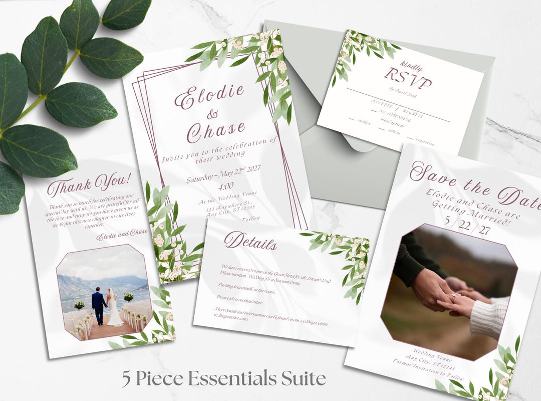 Invitation Essentials 5 Piece Floral Wedding Invitation Essentials Suite Template / Editable ...