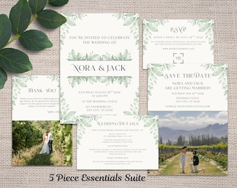 Garden Greenery Wedding Invitation Template Suite - 5 Piece - Edit in Canva - Printable