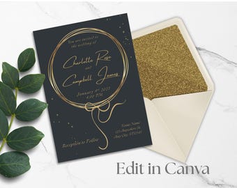 Black and Gold Wedding Invitation Mini Suite Templates - Edit in Canva - Printable - Charlotte
