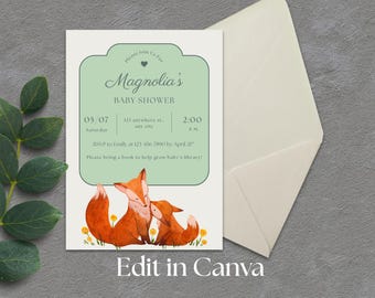 Woodland Fox Baby Shower Invitation Template - Edit in Canva - Instant Download - Printable