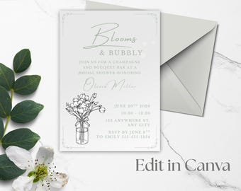 Blooms and Bubbly Bridal Shower Invitation Template - Edit in Canva - Instant Download