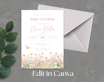 Spring Butterfly Baby Shower Invitation Template - Edit in Canva - Instant Download - Printable