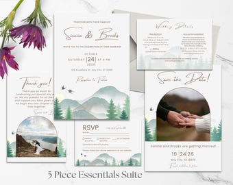 Mountain Watercolor Wedding Invitation Suite / 5 Piece Editable Canva Template / Watercolor Illustration / Printable Set
