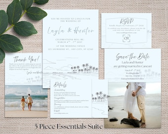 Beach Wedding Invitation Template Suite - Edit in Canva - Destination Wedding - Hand Drawn Look