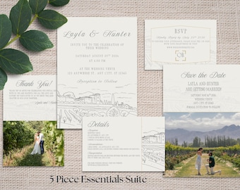 5 Piece Winery Wedding Invitation Templates - Line Drawing Vineyard - Edit in Canva - Printable Download