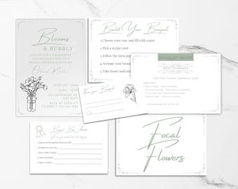 Bridal Shower Bouquet Bar Invitation and Bouquet Recipe Cards Templates – Blooms & Bubbly (Editable Canva)