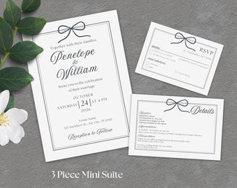 Modern Bow Wedding Invitation Template Suite - Edit in Canva - Printable Download - Penelope 3 Piece