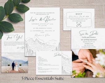 Mountain Destination Wedding Invitation Template Suite - Line Drawn Look - Edit in Canva - Printable