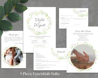 Wildflower 5 Piece Wedding Invitation Templates - Edit in Canva - Instant Download - Printable