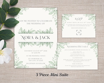 Garden Greenery Wedding Invitation Template Suite - 3 Piece Suite - Edit in Canva - Printable