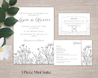Line Drawn Floral Wedding Invitation 3 Piece Template Set / Edit in Canva / Printable Bundle