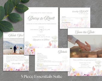 5 Piece Watercolor Floral Wedding Invitation Template Bundle - Edit in Canva - Printable - Daisy
