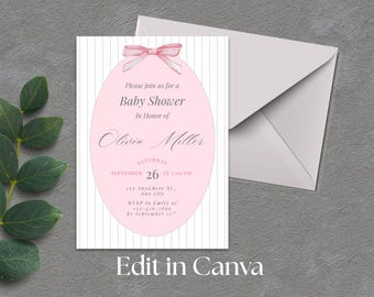 Baby Girl Bow Shower Invitation Template - Edit in Canva - Instant Download - Printable