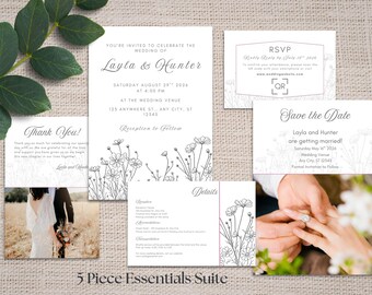 Line Drawn Flowers 5 Piece Wedding Invitation Template Suite / Edit in Canva / Instant Download