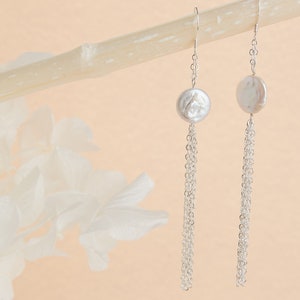 Boucles d&#39;oreilles de mariée argent perle de culture et chaines