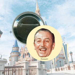 May include: A round button featuring a portrait of Walt Disney with a smiling expression. The button has a pin back and a light yellow background. The background includes a castle and a blue sky.